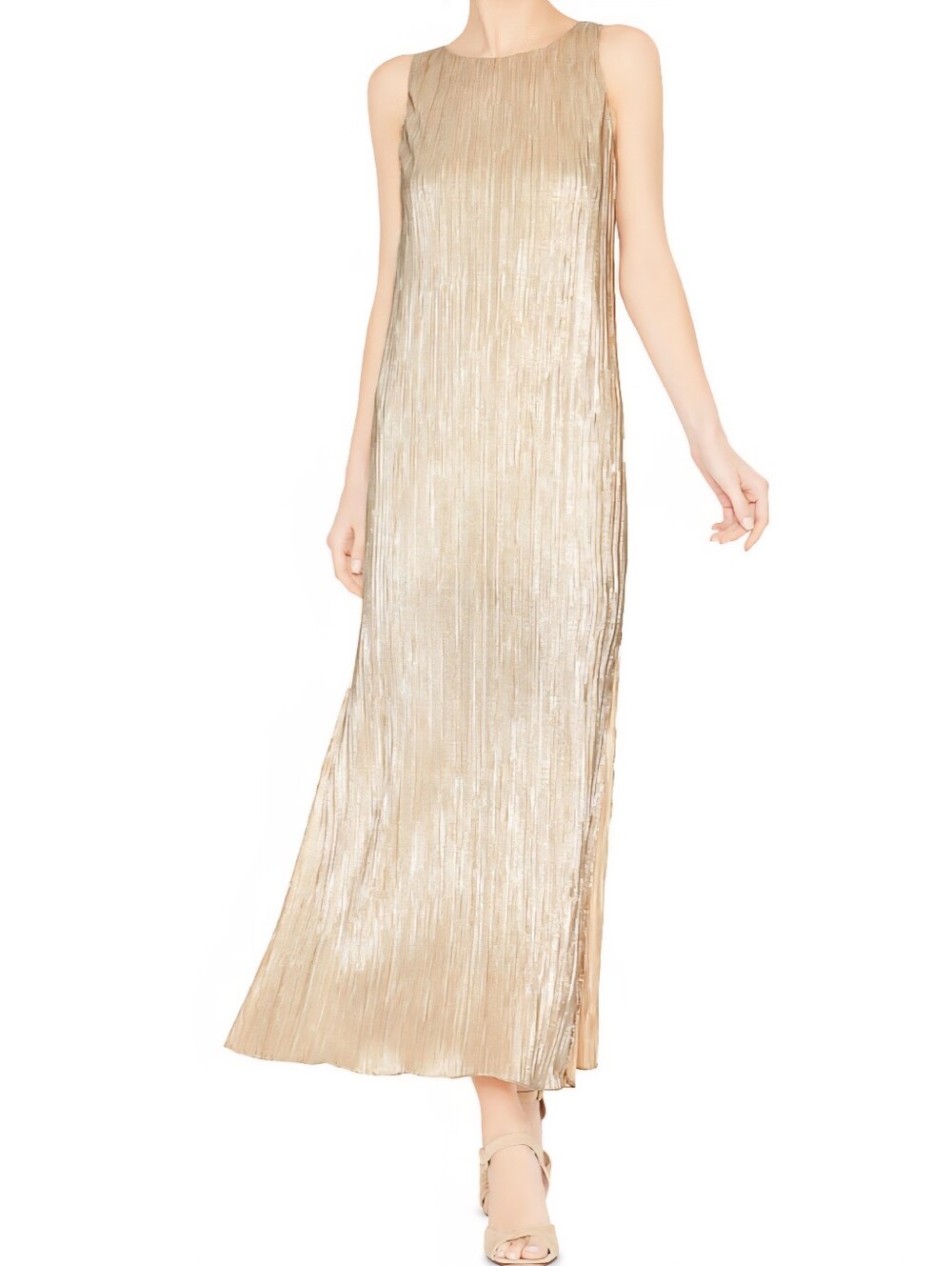Alice + Olivia Metallic Pleated Sleeveless Maxi Dress – Champagne/Taupe. S